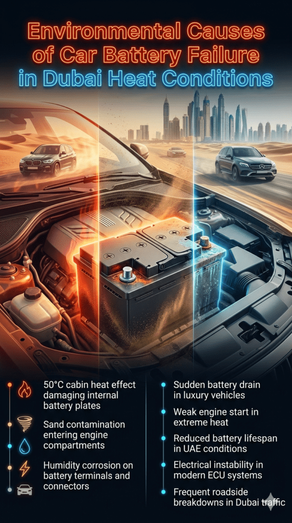 Futuristic automotive infographic showing environmental causes of car battery failure in Dubai including 50°C heat, sand contamination, and humidity corrosion affecting a luxury car battery in a desert city environment.