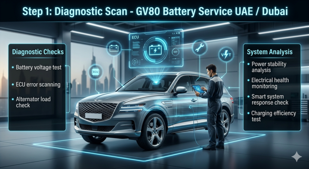 Step 1 Diagnostic Scan β GV80 Battery Replacement UAE/Dubai Process Luxury automotive diagnostic infographic showing Step 1 battery scan for GV80 Car Battery Replacement in UAE Dubai, featuring voltage test, ECU scanning, and alternator check inside a futuristic workshop.