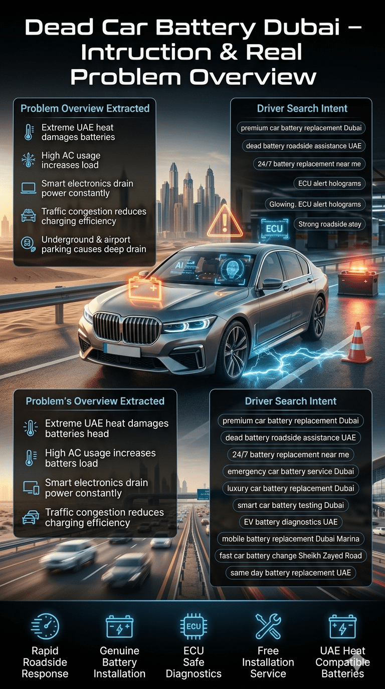 Premium automotive infographic showing a luxury car with dead battery in Dubai heat, surrounded by animated roadside emergency icons, Dubai skyline background, and side panels highlighting causes, locations, and modern vehicle battery stress factors.