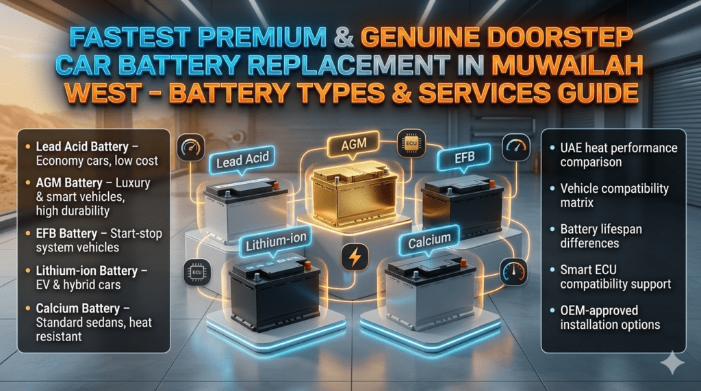 Infographic showing different car battery types including AGM, EFB, Lithium-ion, Lead Acid, and Calcium batteries used in Muwailah West doorstep car battery replacement service with UAE heat performance comparison.