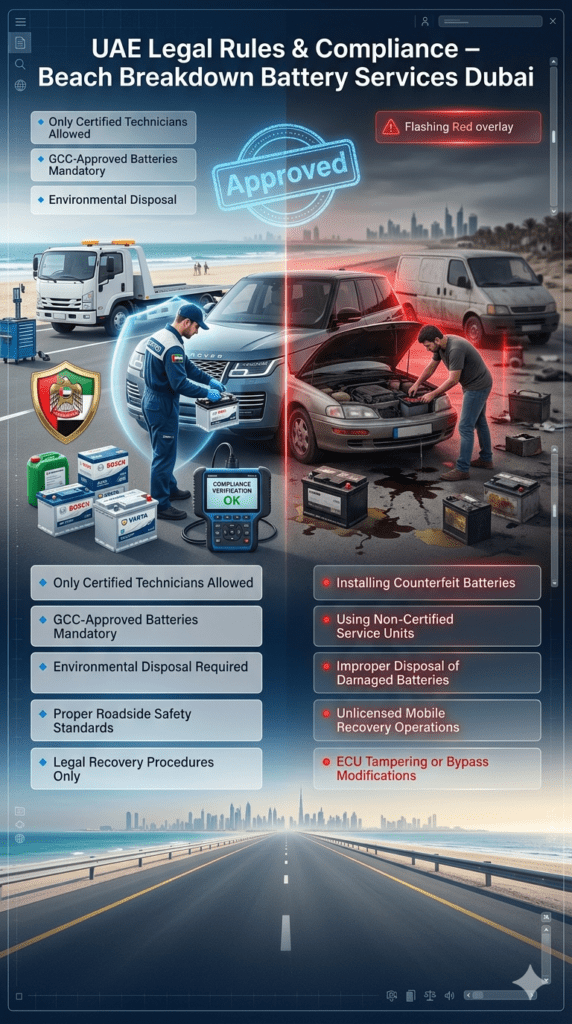 Premium infographic showing UAE legal rules and compliance for car battery roadside services after beach breakdown in Dubai, highlighting certified technicians, GCC-approved batteries, and violation warnings.