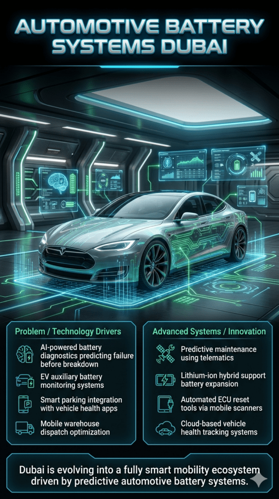 Futuristic infographic showing smart automotive battery systems in Dubai with AI diagnostics, EV monitoring, and cloud-based vehicle health tracking around a luxury car in a high-tech garage.