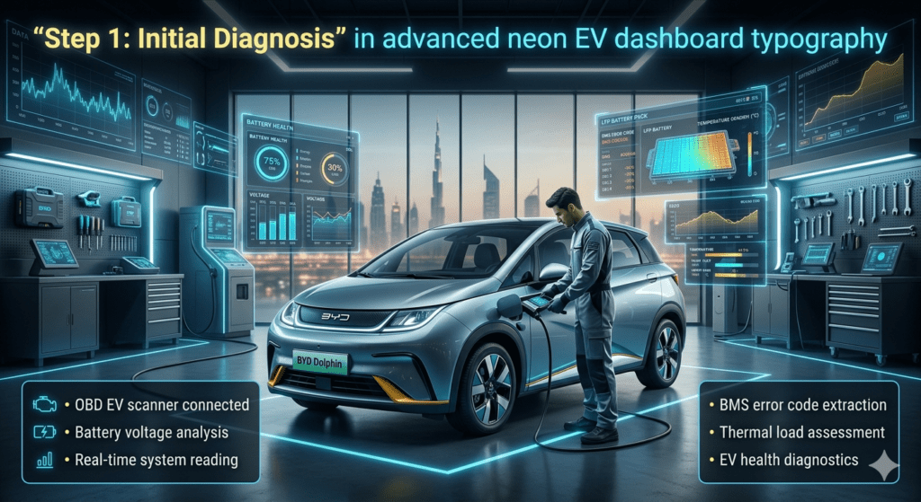 Step 1: Initial Diagnosis – BYD Dolphin EV Battery System Check Technician performing BYD Dolphin EV battery diagnostics using OBD scanner with holographic voltage, BMS error codes, and thermal analysis display.