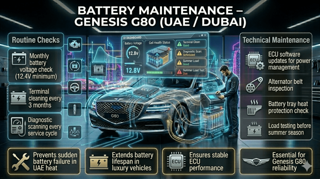 Genesis G80 Battery Maintenance Schedule UAE Dubai – Complete Service & Care Guide Luxury automotive maintenance infographic showing Genesis G80 battery care schedule in UAE Dubai including voltage check, terminal cleaning, ECU updates, and load testing.
