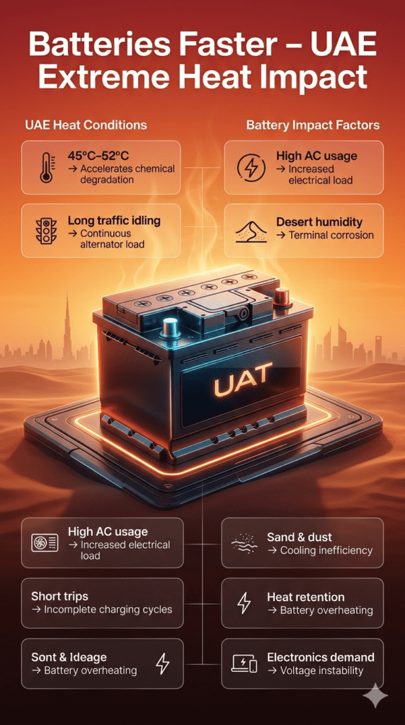 Infographic showing UAE heat effects on car batteries, with a central battery image surrounded by structured panels listing temperature, traffic, humidity, AC usage, and other factors causing faster battery degradation.