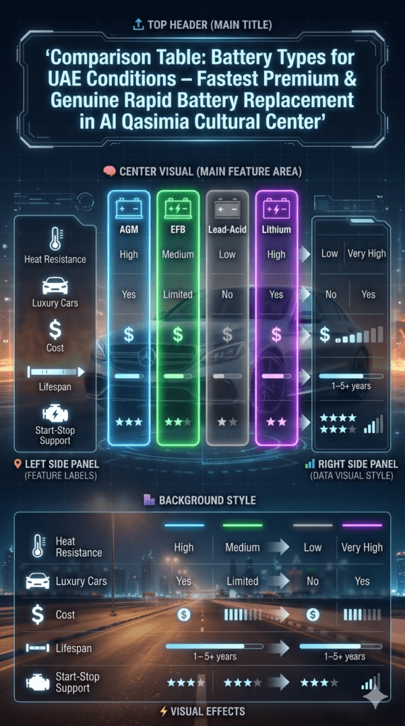 Comparison Table: Battery Types for UAE Driving Conditions Futuristic automotive infographic comparing AGM, EFB, Lead-Acid, and Lithium batteries for UAE conditions including heat resistance, cost, lifespan, and performance in Al Qasimia Cultural Center.