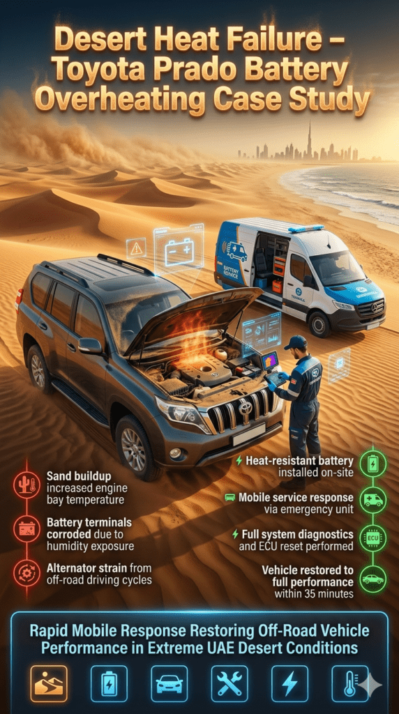Toyota Prado desert battery overheating failure in Dubai showing sand exposure damage, corrosion, alternator strain, and mobile technician performing heat-resistant battery replacement with diagnostic tools.