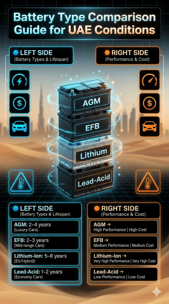 A modern infographic comparing car battery types in UAE conditions, showing AGM, EFB, Lithium-Ion, and Lead-Acid batteries with lifespan, performance, cost, and vehicle compatibility in a futuristic automotive design.