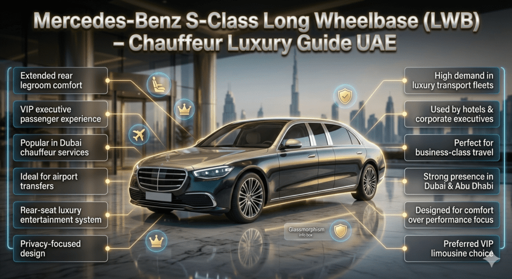 Luxury infographic showing Mercedes-Benz S-Class Long Wheelbase centered with Dubai skyline and side panels highlighting chauffeur comfort, VIP features, and UAE usage.