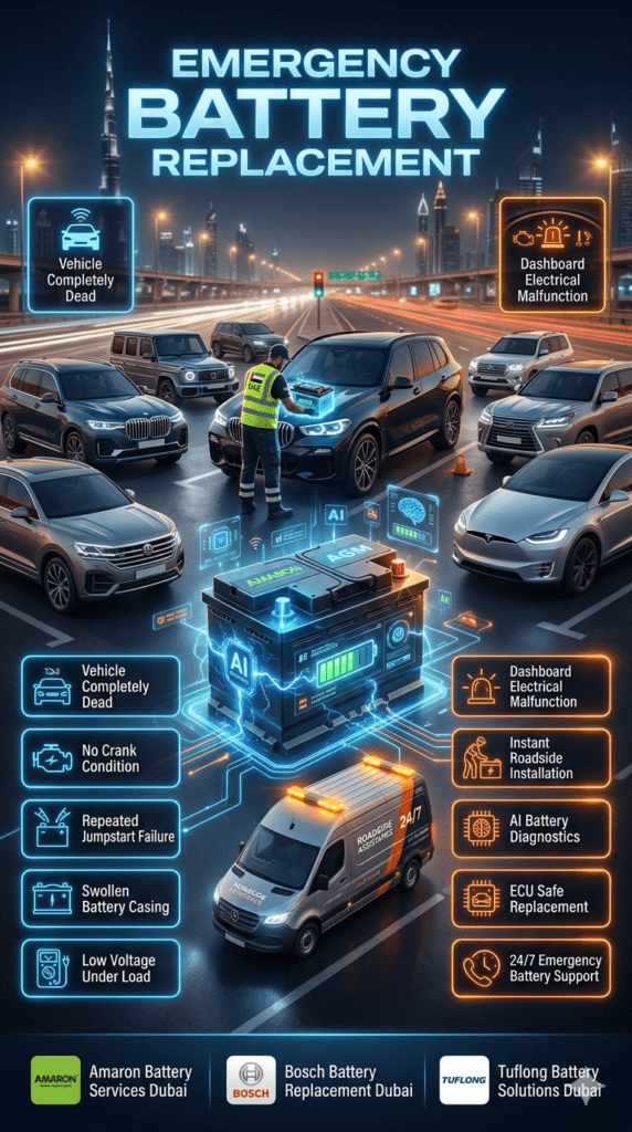 Premium Dubai emergency battery replacement infographic showing luxury vehicles, AGM battery installation, AI diagnostics, and roadside assistance services with futuristic automotive visuals.