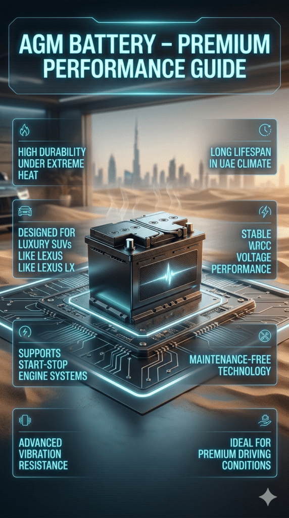 AGM Battery high durability automotive guide for Lexus LX luxury SUVs in UAE hot climate showing premium performance features and start-stop system support