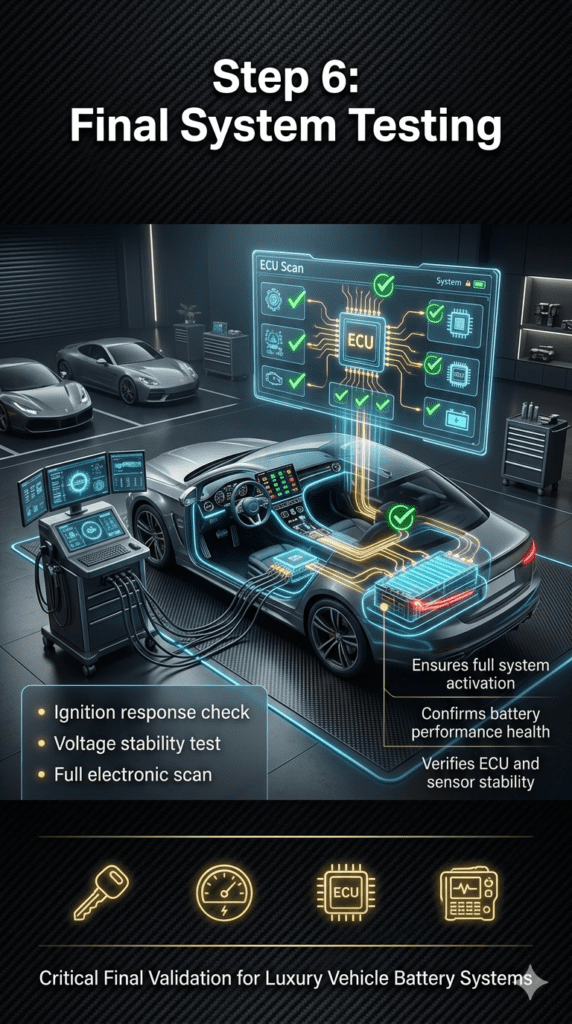 Luxury automotive infographic showing final system testing after battery replacement including ignition check, voltage stability test, and full ECU scan.