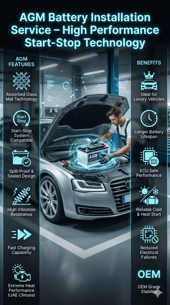AGM Battery Installation Service – Luxury Start-Stop Car Battery Technology UAE Luxury infographic showing AGM battery installation in a premium car, highlighting start-stop system compatibility, sealed technology, ECU safety, and high-performance automotive features in a modern workshop environment.
