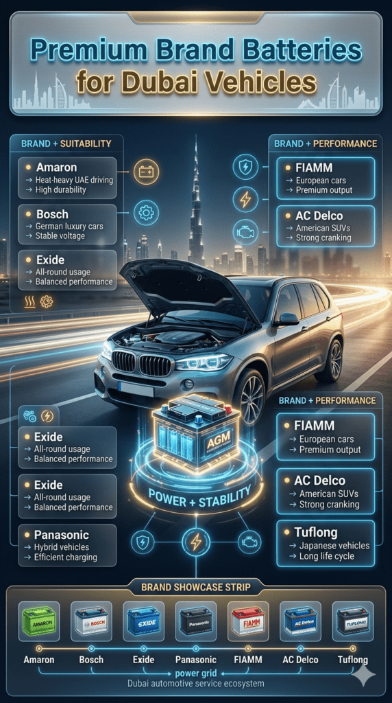 Premium infographic showing best car battery brands for Dubai including Amaron, Bosch, Exide, Panasonic, FIAMM, AC Delco, and Tuflong with performance comparison for UAE heat and luxury vehicles.