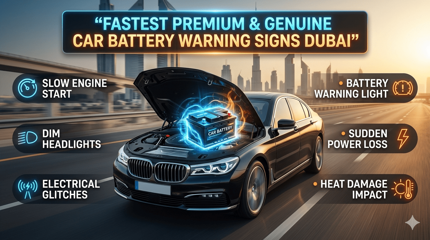 Premium infographic showing early car battery warning signs in Dubai including slow engine start, dim headlights, and battery warning light with a luxury car and glowing battery in a UAE highway setting.