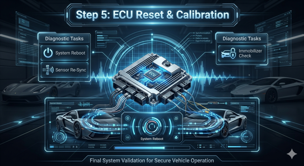Premium automotive infographic showing ECU reset and calibration process with system reboot, sensor re-sync, and immobilizer check in a futuristic diagnostic interface.