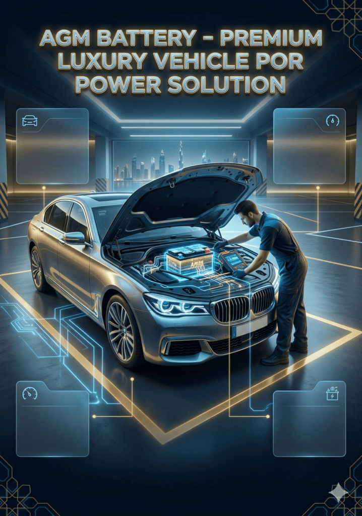 Luxury car AGM battery system shown in futuristic infographic style with mobile mechanic, highlighting premium start-stop vehicle compatibility and high electrical load support.