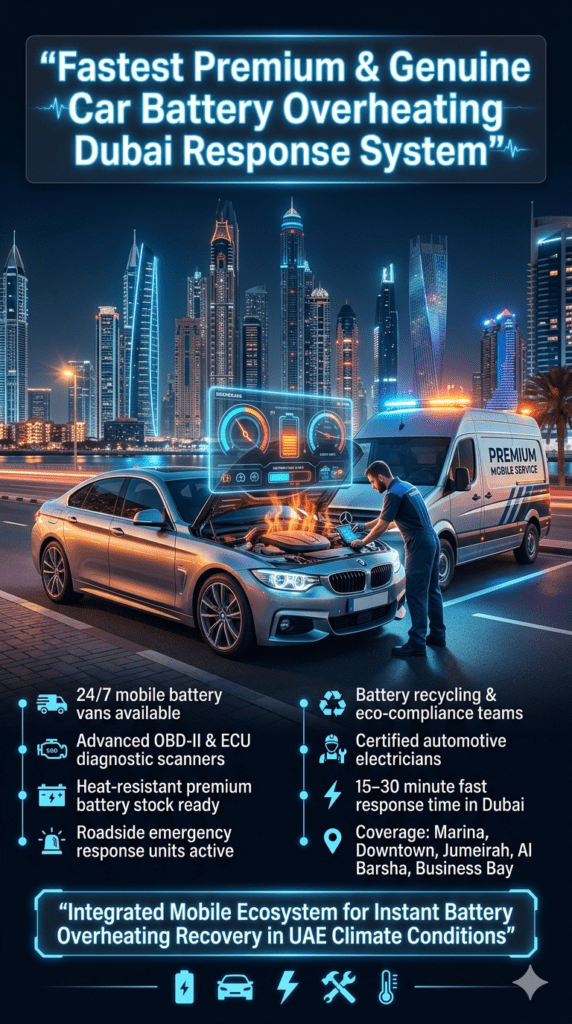 Futuristic Dubai automotive emergency system infographic showing mobile battery overheating response with diagnostic scanners, mobile vans, certified technicians, and rapid roadside service coverage.