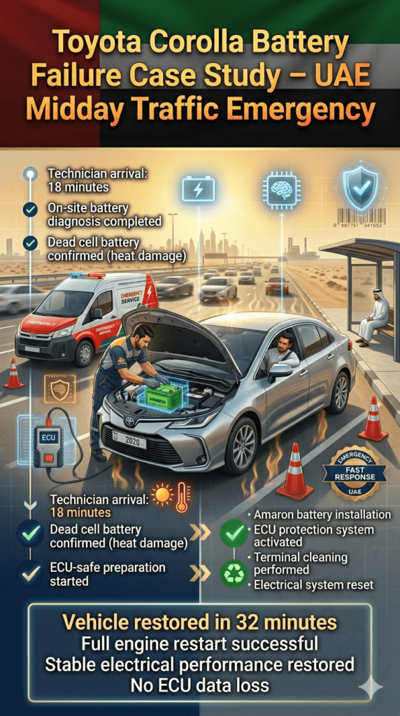 Toyota Corolla stopped in UAE traffic during midday heat with technician replacing dead battery using mobile service van and ECU diagnostic tool.