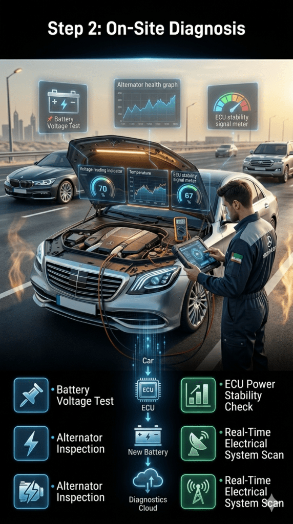 Mobile technician performing on-site car battery diagnosis in UAE using diagnostic tools to test battery voltage, alternator performance, and ECU power stability beside a vehicle with digital HUD overlays.