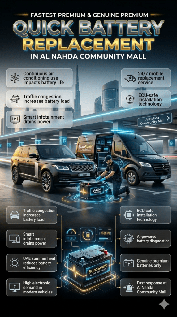Premium infographic showing fastest car battery replacement service in Al Nahda Community Mall with a luxury car, mobile technician, and animated side panels highlighting battery issues and emergency mobile service features in UAE heat conditions.
