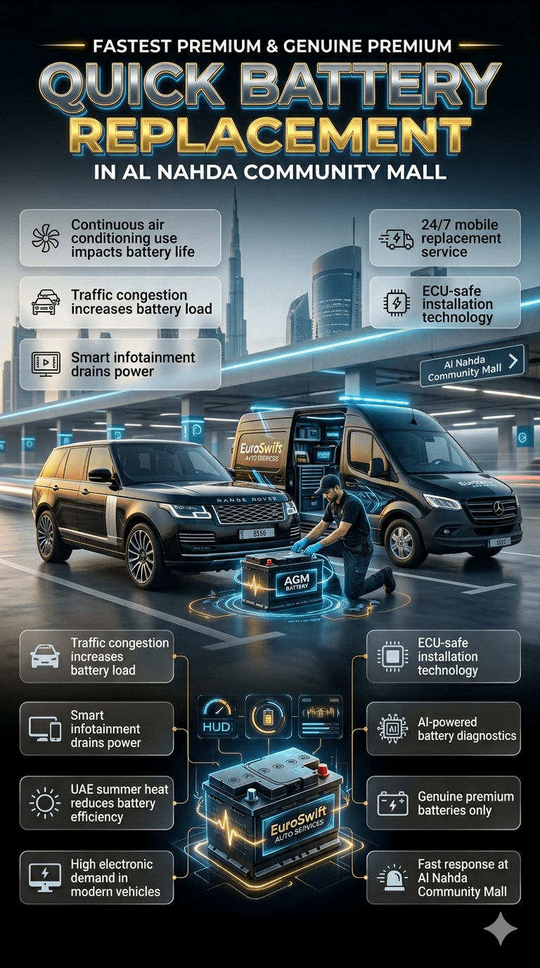Premium infographic showing fastest car battery replacement service in Al Nahda Community Mall with a luxury car, mobile technician, and animated side panels highlighting battery issues and emergency mobile service features in UAE heat conditions.