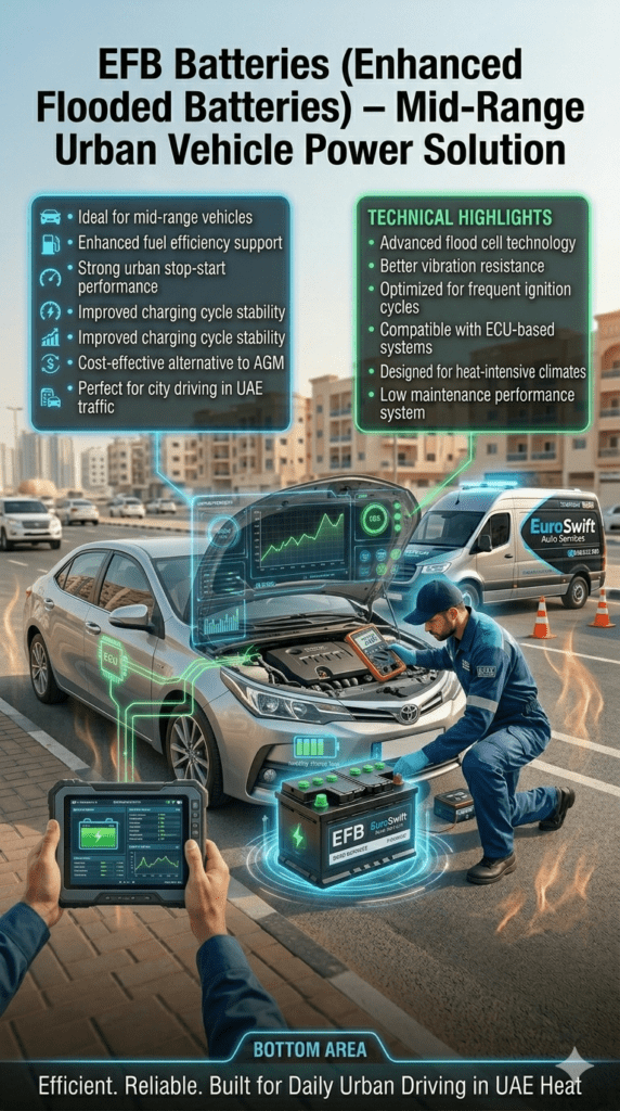 Premium automotive infographic showing on-site battery replacement service in Al Qasimia Market with technician, luxury car, mobile service van, and floating informational panels highlighting emergency battery service features.