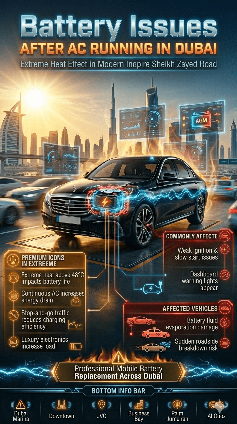 Infographic showing battery issues after AC running in Dubai with luxury car, heat effects, dashboard warnings, and roadside breakdown risks in extreme UAE driving conditions.