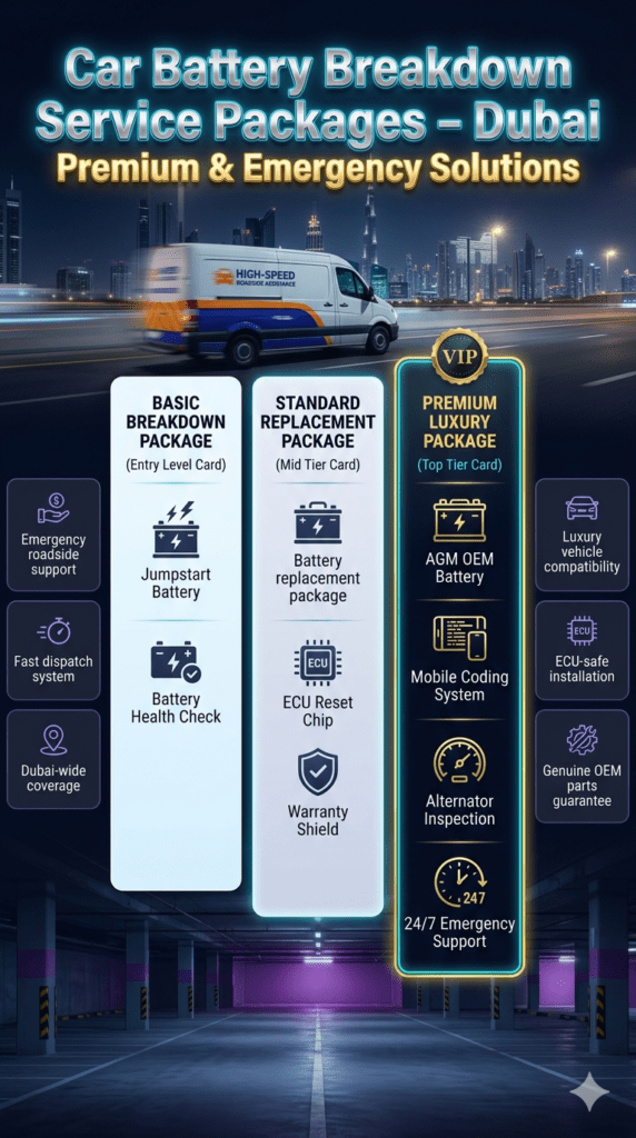 Luxury infographic showing Dubai car battery breakdown service packages including Basic Jumpstart, Standard Replacement, and Premium Luxury AGM package with ECU reset, coding, and emergency support.