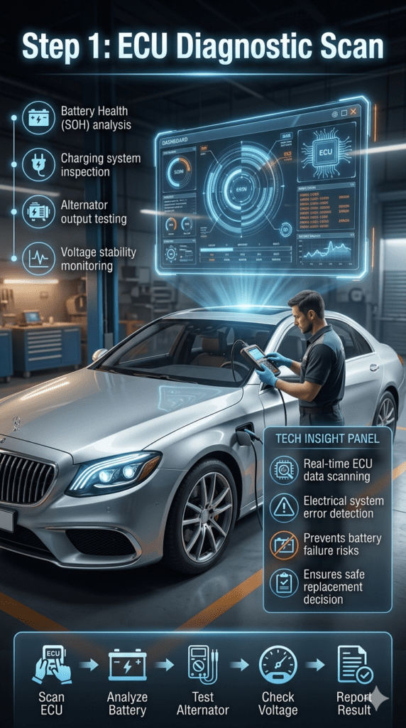 Automotive infographic showing ECU diagnostic scan process including battery health, alternator test, and voltage stability check in a modern workshop.