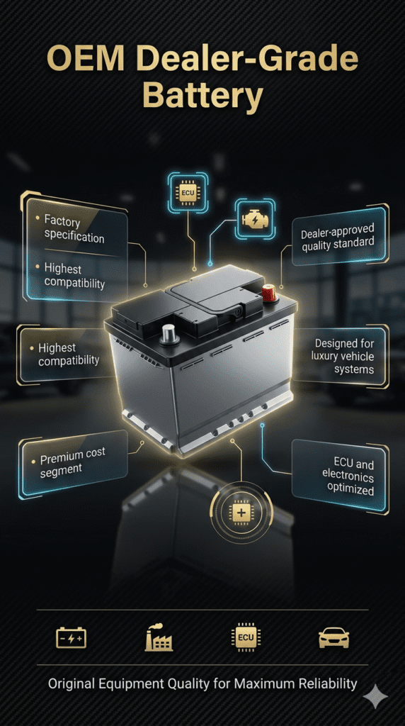 Luxury automotive infographic showing OEM dealer-grade battery features including factory specification, highest compatibility, and premium performance for luxury cars.