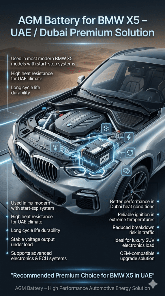 BMW X5 AGM battery installation infographic showing engine bay setup, heat resistance features, and performance benefits in UAE luxury car battery replacement service.