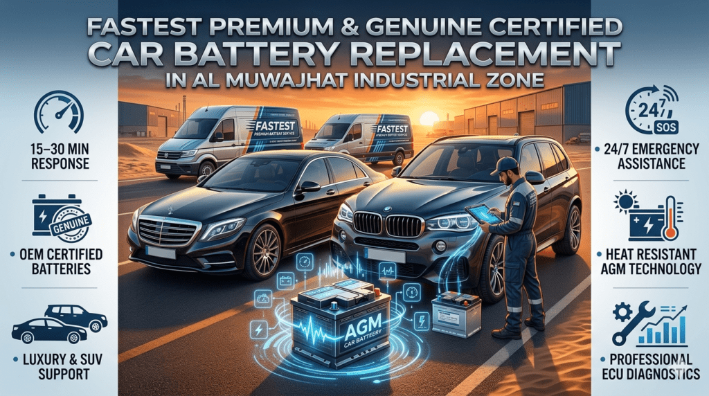 Fastest premium certified car battery replacement service in Al Muwaihat Industrial Zone with luxury vehicles, AGM battery installation, UAE roadside assistance, and AI automotive diagnostics.
