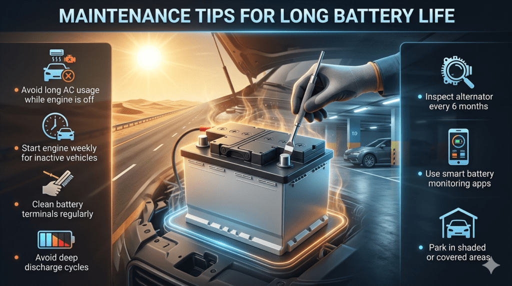 Infographic showing car battery maintenance tips including cleaning terminals, avoiding deep discharge, and parking in shade with UAE heat environment background.