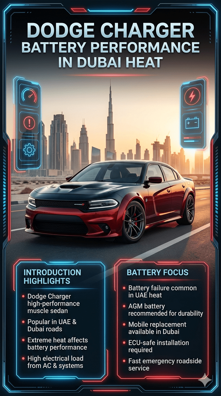 Premium infographic showing Dodge Charger in Dubai with heatwave background, surrounded by battery replacement information panels explaining UAE climate impact, AGM battery usage, and emergency mobile service details in a futuristic automotive design layout.