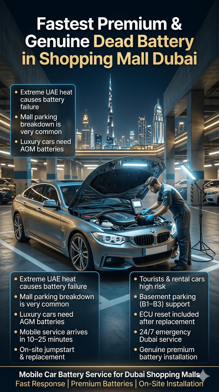 Luxury car battery replacement in Dubai shopping mall parking with mobile mechanic performing emergency jumpstart and diagnostic service.