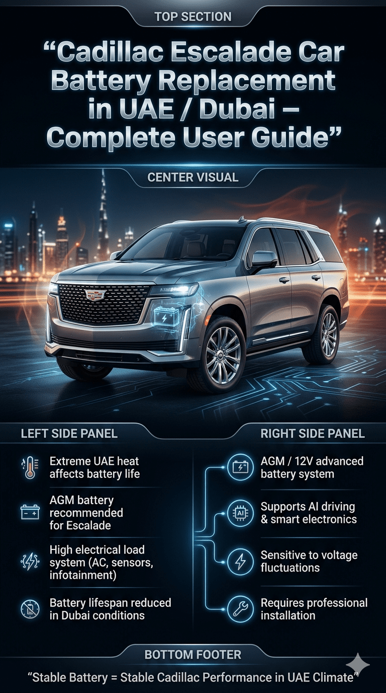 Luxury infographic showing Cadillac Escalade battery replacement guide in UAE, featuring SUV in center, heat impact effects, AGM battery system details on sides, and Dubai skyline background.