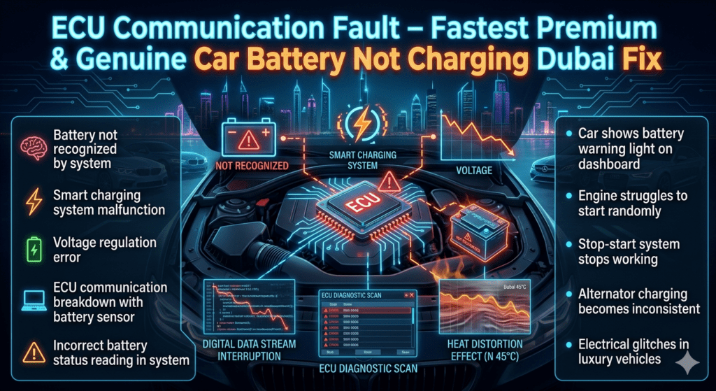 ECU Communication Fault Dubai โ Smart Charging System Battery Not Charging Issue Futuristic automotive infographic showing ECU communication fault causing car battery not recognized error, with smart charging system malfunction and voltage regulation issues inside a luxury car diagnostic environment in Dubai.