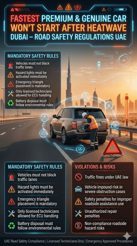 Luxury automotive safety infographic showing UAE roadside regulations for heatwave breakdown with emergency car, technician, safety icons, and compliance warning panels.
