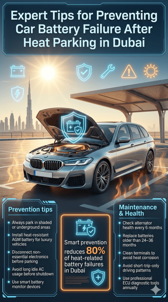 Infographic showing expert tips to prevent car battery failure after heat parking in Dubai including maintenance and protection strategies for extreme heat conditions.