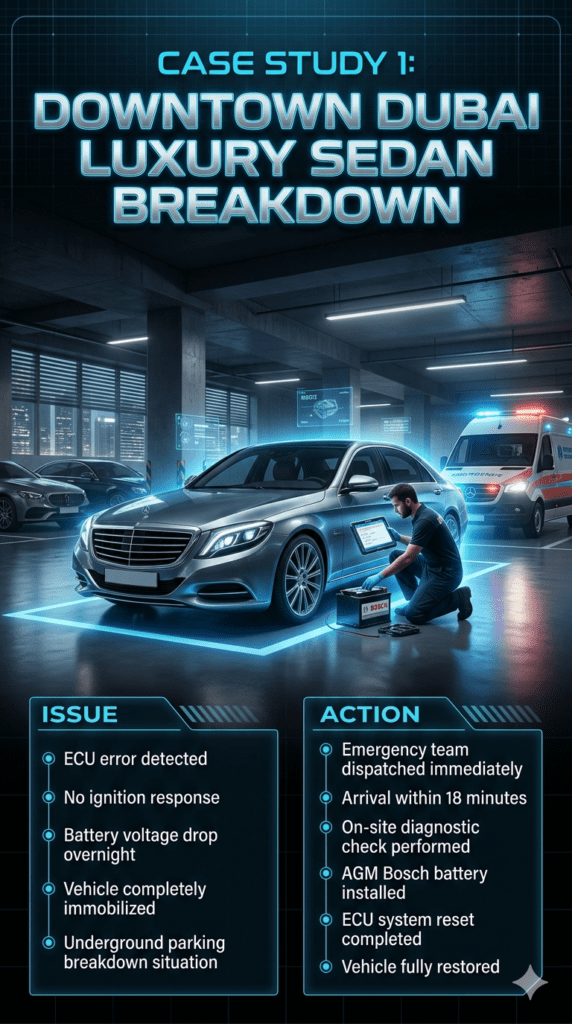 Mercedes S-Class luxury sedan in underground parking in Downtown Dubai being serviced by a mobile technician during emergency battery failure, with diagnostic tools and AGM battery replacement process shown in infographic style.
