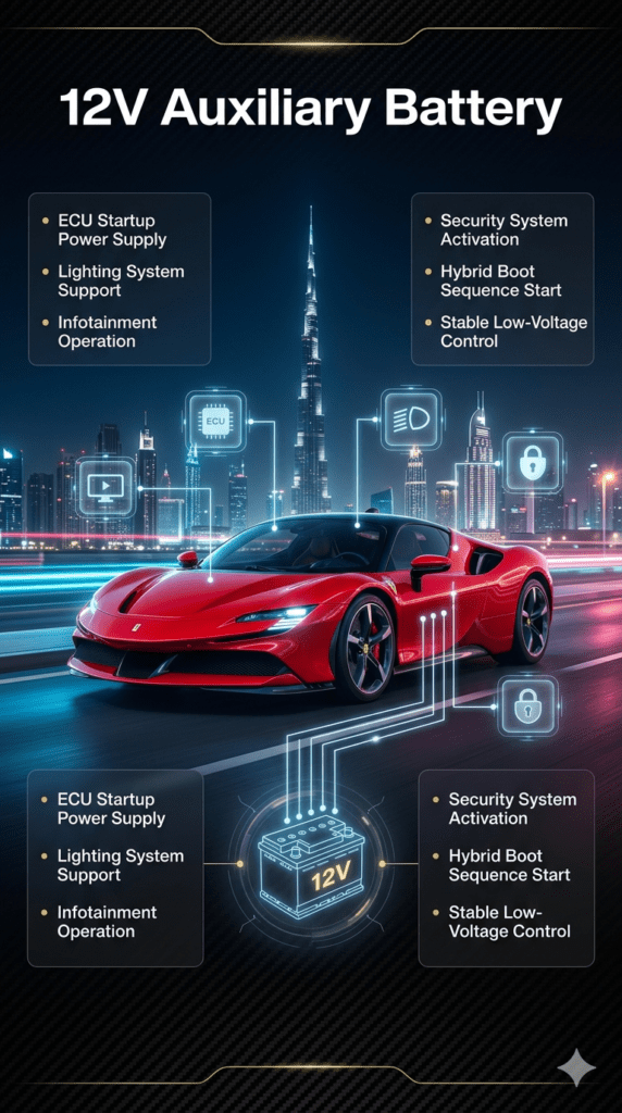 Ferrari SF90 hybrid hypercar in Dubai showing 12V auxiliary battery system infographic with ECU, lighting, infotainment, and security system connections.