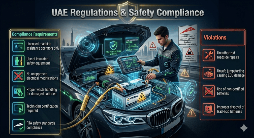 Infographic showing UAE regulations and safety compliance for emergency jumpstart services in Dubai with certified technician, safety rules, and violation warnings.