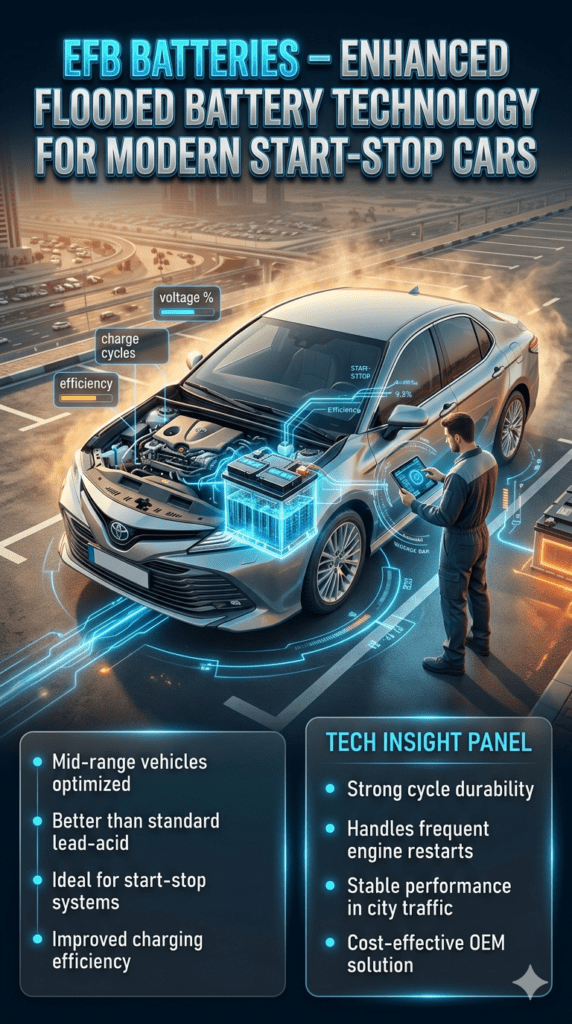 EFB battery infographic showing enhanced flooded battery technology for mid-range cars in Dubai, highlighting start-stop system compatibility, improved efficiency over lead-acid batteries, and performance in UAE driving conditions.