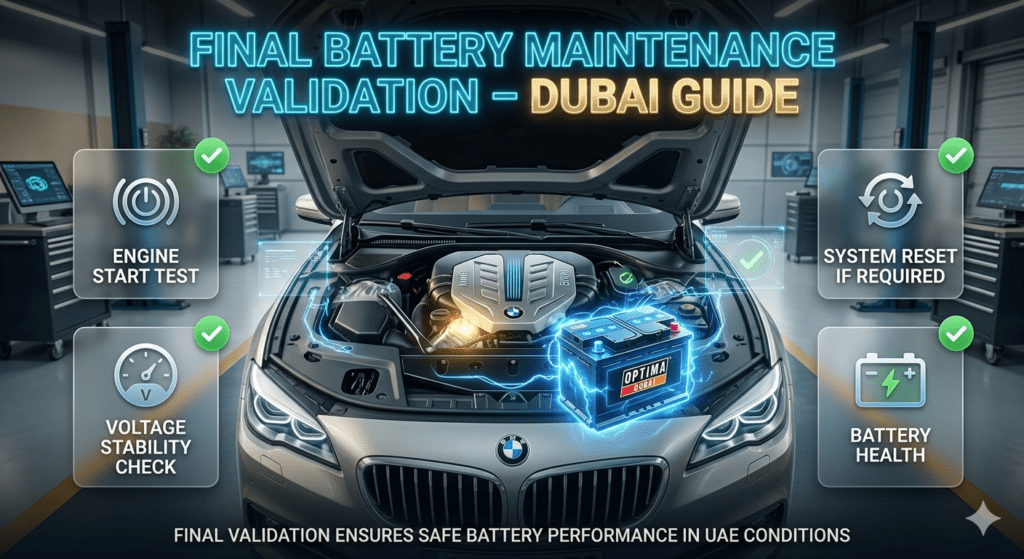 Infographic showing final car battery maintenance validation in Dubai including engine start test, voltage stability check, and system reset in a luxury car workshop.