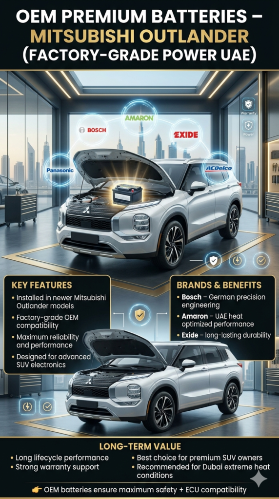 Mitsubishi Outlander OEM premium battery infographic showing factory-grade battery brands including Bosch, Amaron, Exide, Panasonic, and AC Delco with long lifecycle and warranty support in a luxury Dubai automotive workshop.