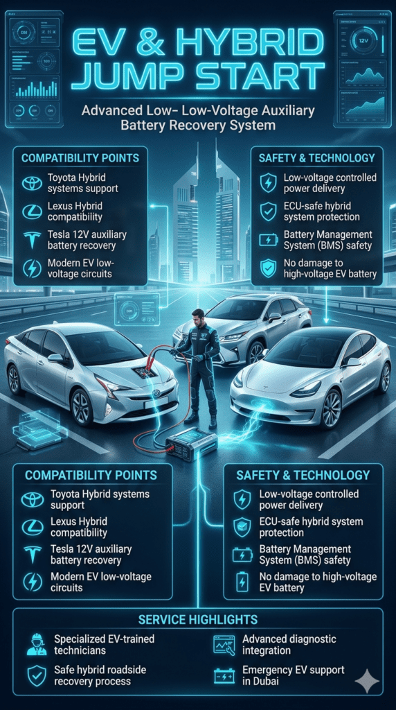 Futuristic automotive infographic showing EV and hybrid jump start service with Toyota Hybrid, Lexus Hybrid, and Tesla vehicles, technician using low-voltage recovery equipment, glowing blue energy flow, and side panels describing compatibility and safety systems for electric mobility.