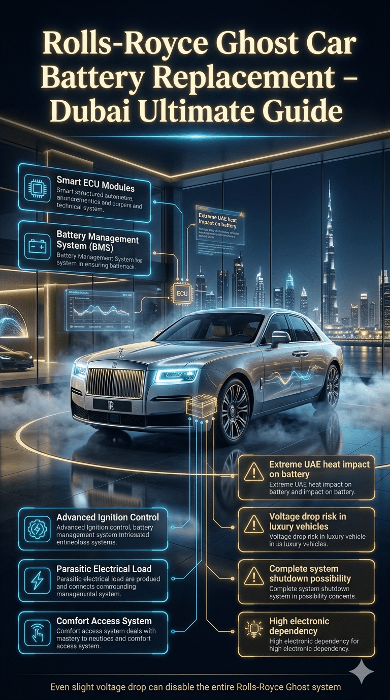 Rolls-Royce Ghost car battery system infographic showing ECU modules, BMS system, ignition control, and Dubai heat impact on luxury vehicle battery replacement.
