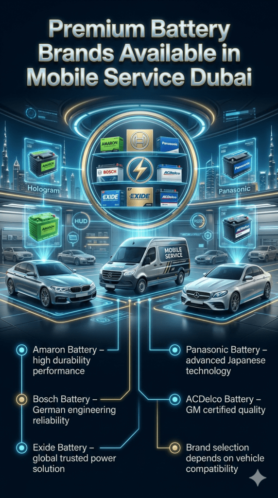 Infographic showing premium car battery brands used in Dubai mobile service including Amaron, Bosch, Exide, Panasonic, and ACDelco for different vehicle compatibility.