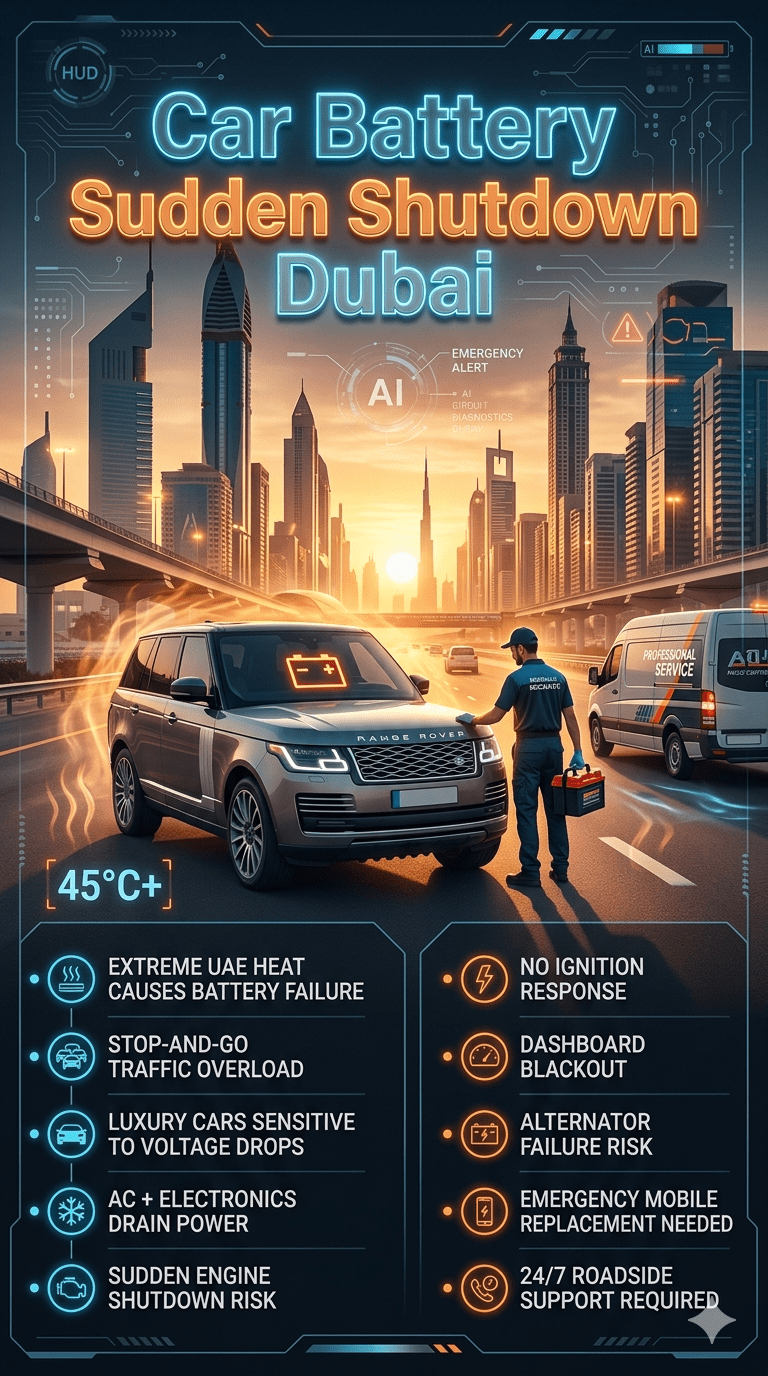 Luxury car breakdown in Dubai due to sudden battery shutdown with mobile mechanic providing emergency roadside battery replacement under extreme heat conditions.